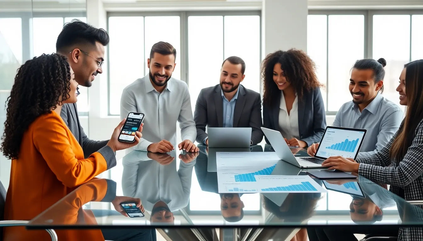 professionals discussing emerging payment technologies in a modern office.