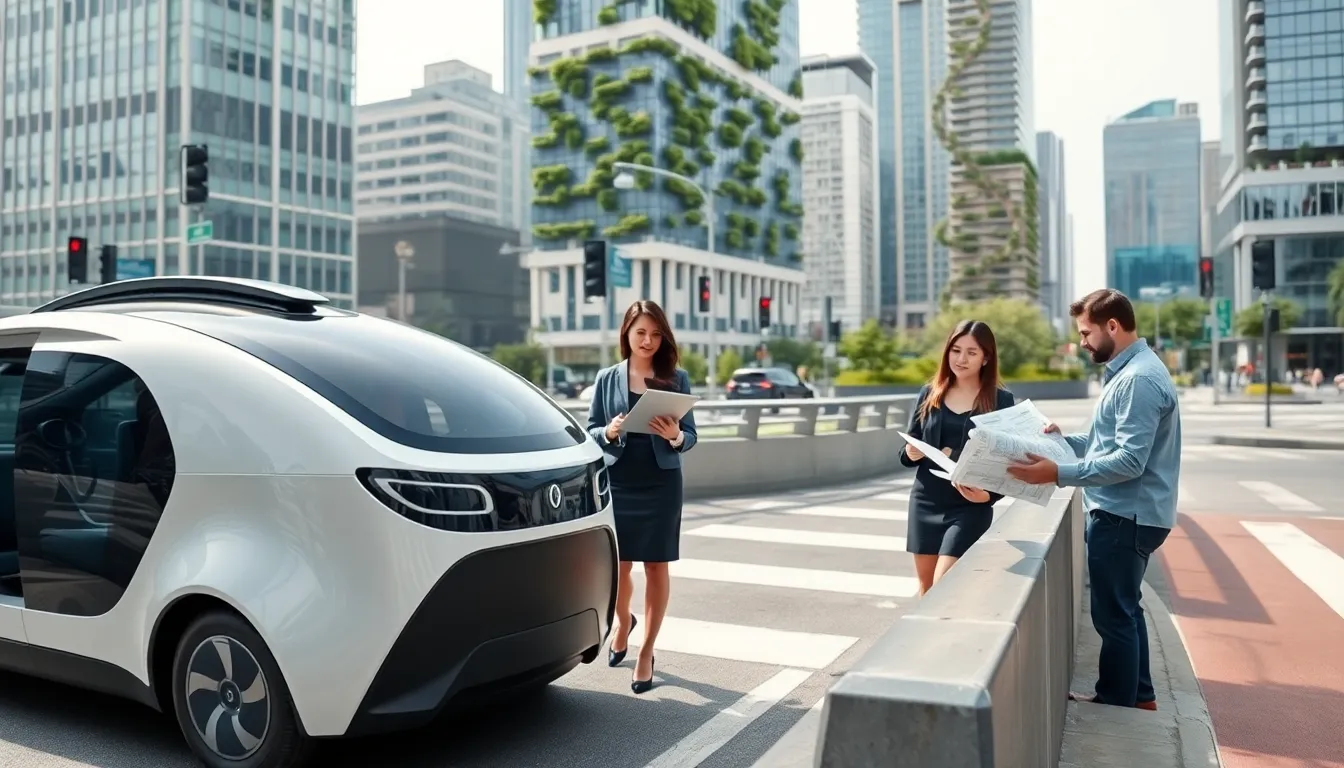 autonomous vehicle navigating a modern city with diverse professionals discussing infrastructure.