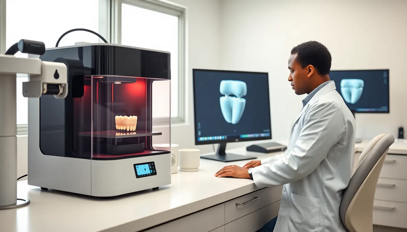 technician operating a dental 3D printer in a modern lab.