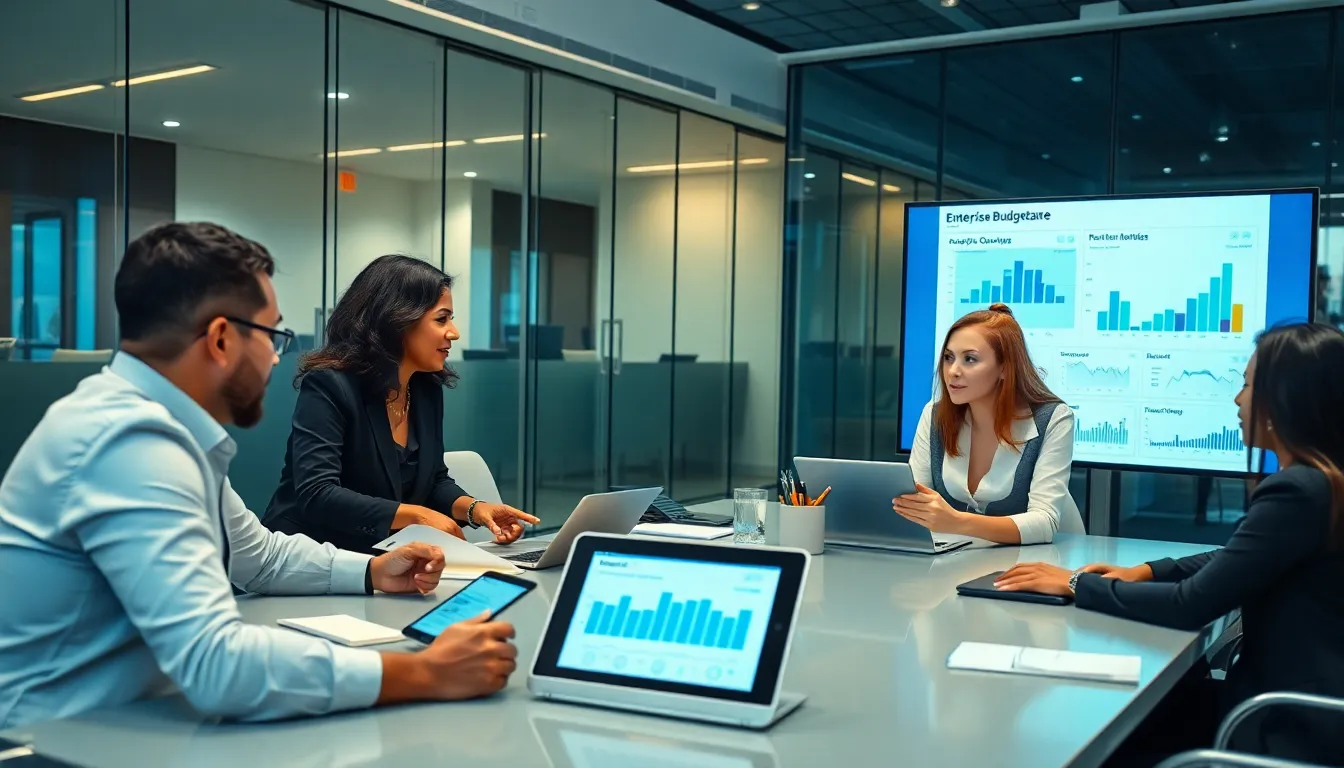 diverse team collaborating on enterprise budgeting software in a modern office.