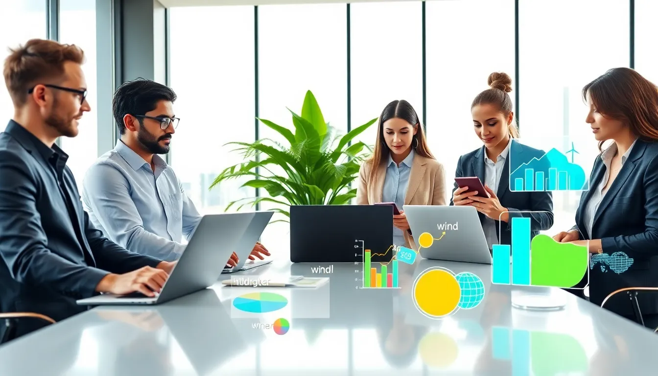 professionals discussing renewable energy technologies in a modern office.