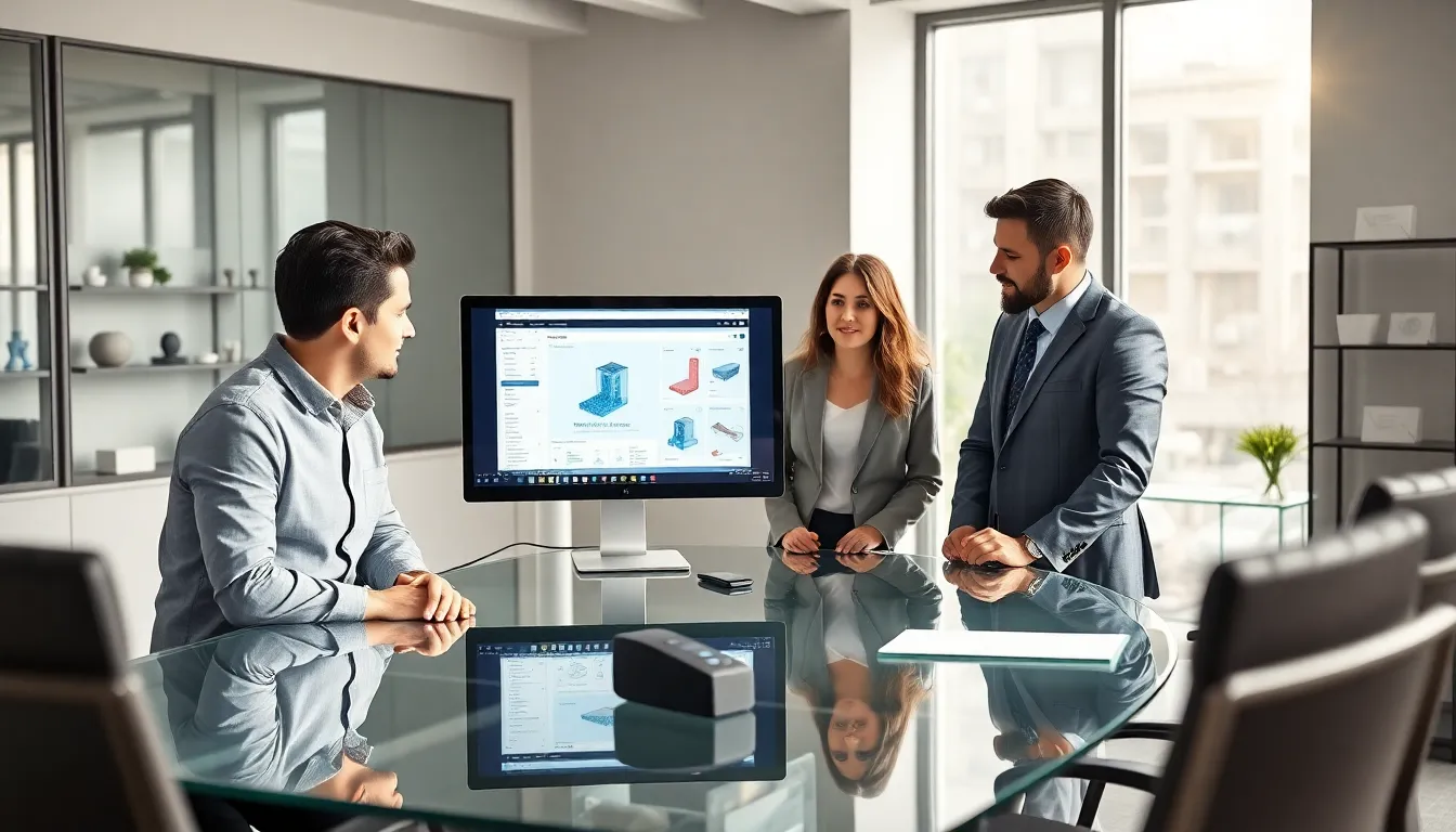 professionals collaborating on 3D printing software in a modern office.