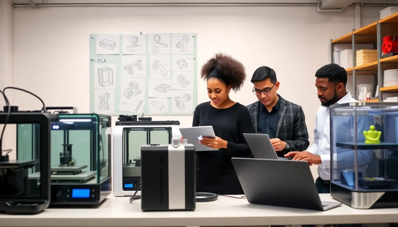 professionals monitoring 3D printers in a modern workspace.
