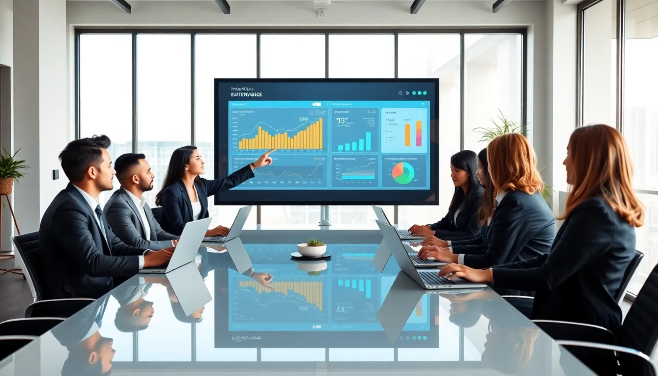 diverse financial team collaborating on enterprise billing software in a modern office.