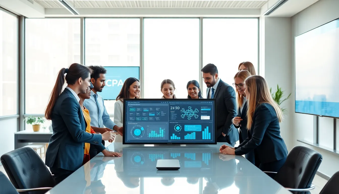 diverse team collaborating on RPA in a modern office.