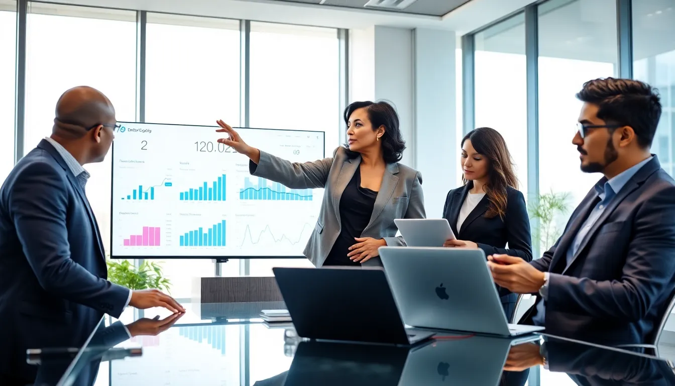 team collaborating over a digital dashboard in a modern office.