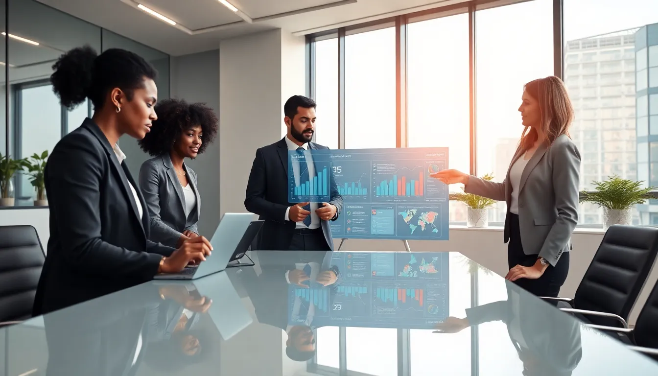 diverse team collaborating on enterprise asset management in a modern office.